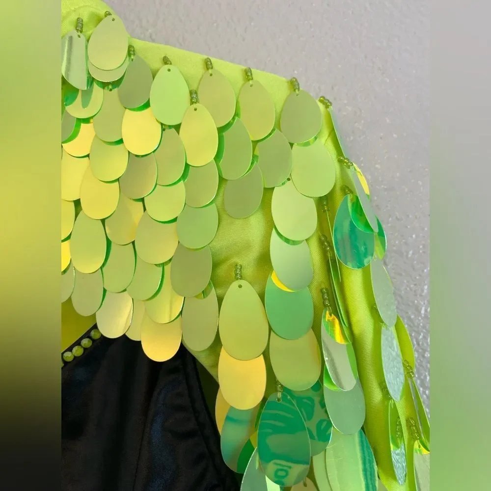 Glamour dance costume neon green leotard black green shrug fringe bling LA adult